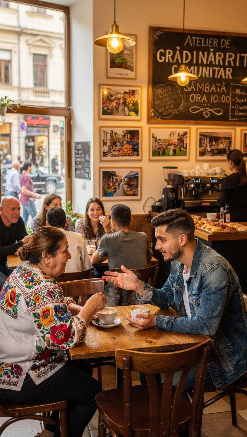 Imaginează-ți o comunitate diversă de oameni colaborând și schimbând idei într-un mediu urban modern, reprezentând schimbul de cunoștințe locale și experiențe practice.